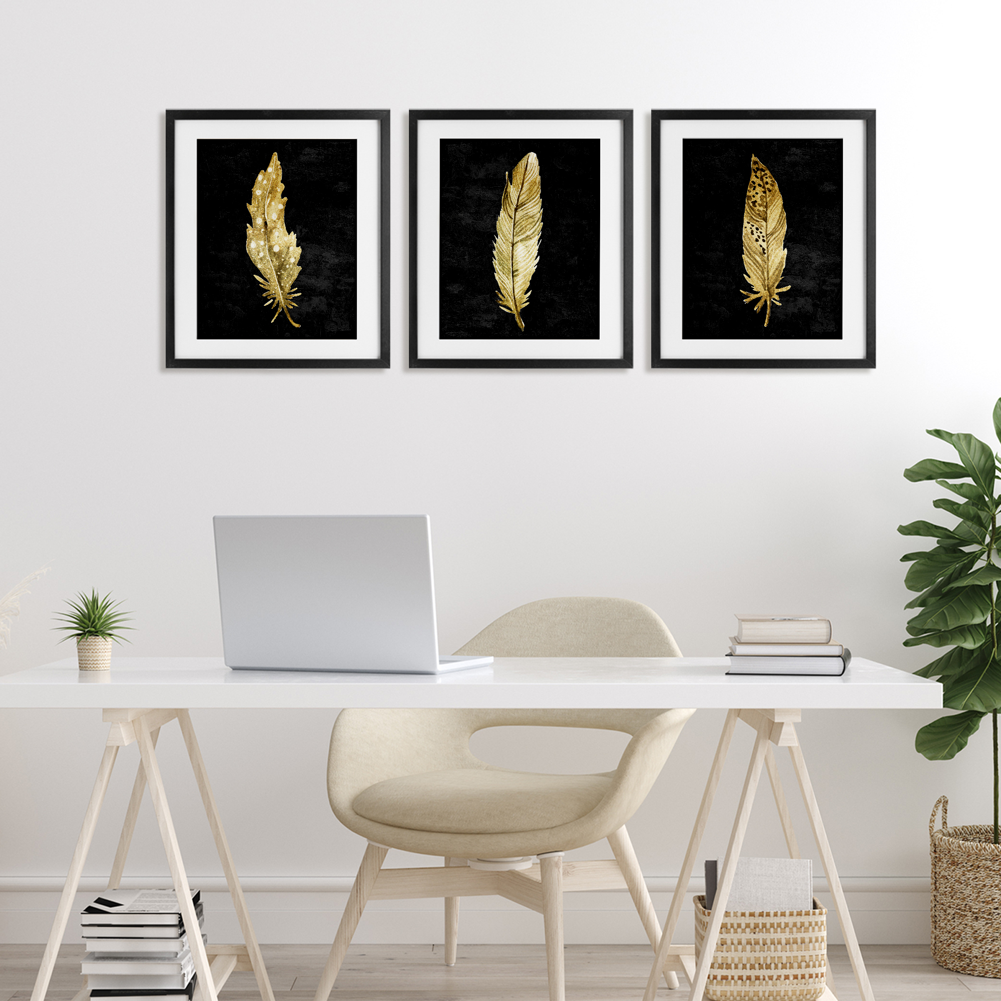Black & Gold Feathers 3 Piece Black Framed Print Under Glass Set, design by Kim Allen