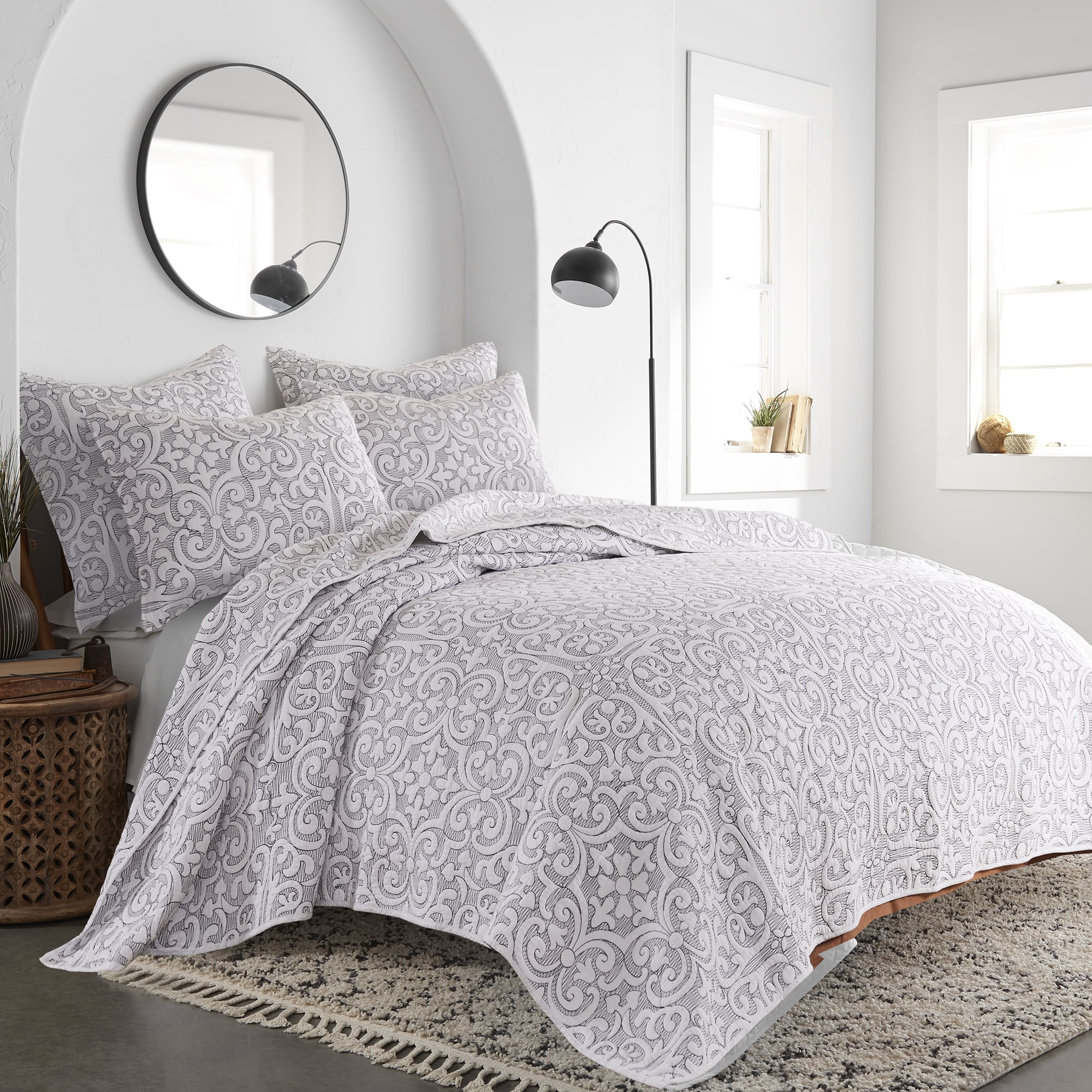Levtex Home Birch Hill Sherbourne Sham - Quilted Medallion White with Black Stitch - King Sham - (36 x 20in.) - Reversible - Cotton Front/Microfiber Reverse - Sold as a set of 2 shams
