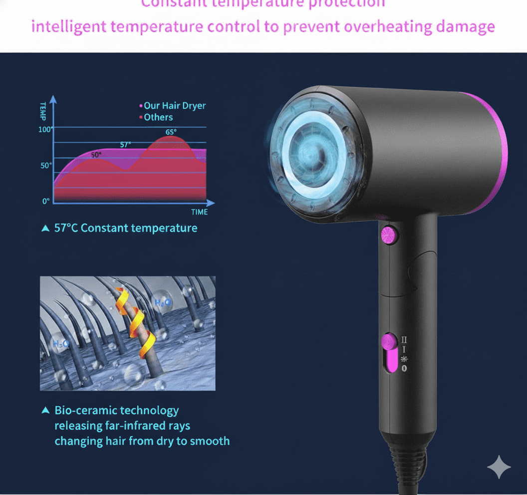 Koramzi 2000W Professional Ionic Hairdryer for Hair Care, Powerful Hot/Cool Wind Blow Dryer, 3 Magnetic Attachments, Pink/Silver
