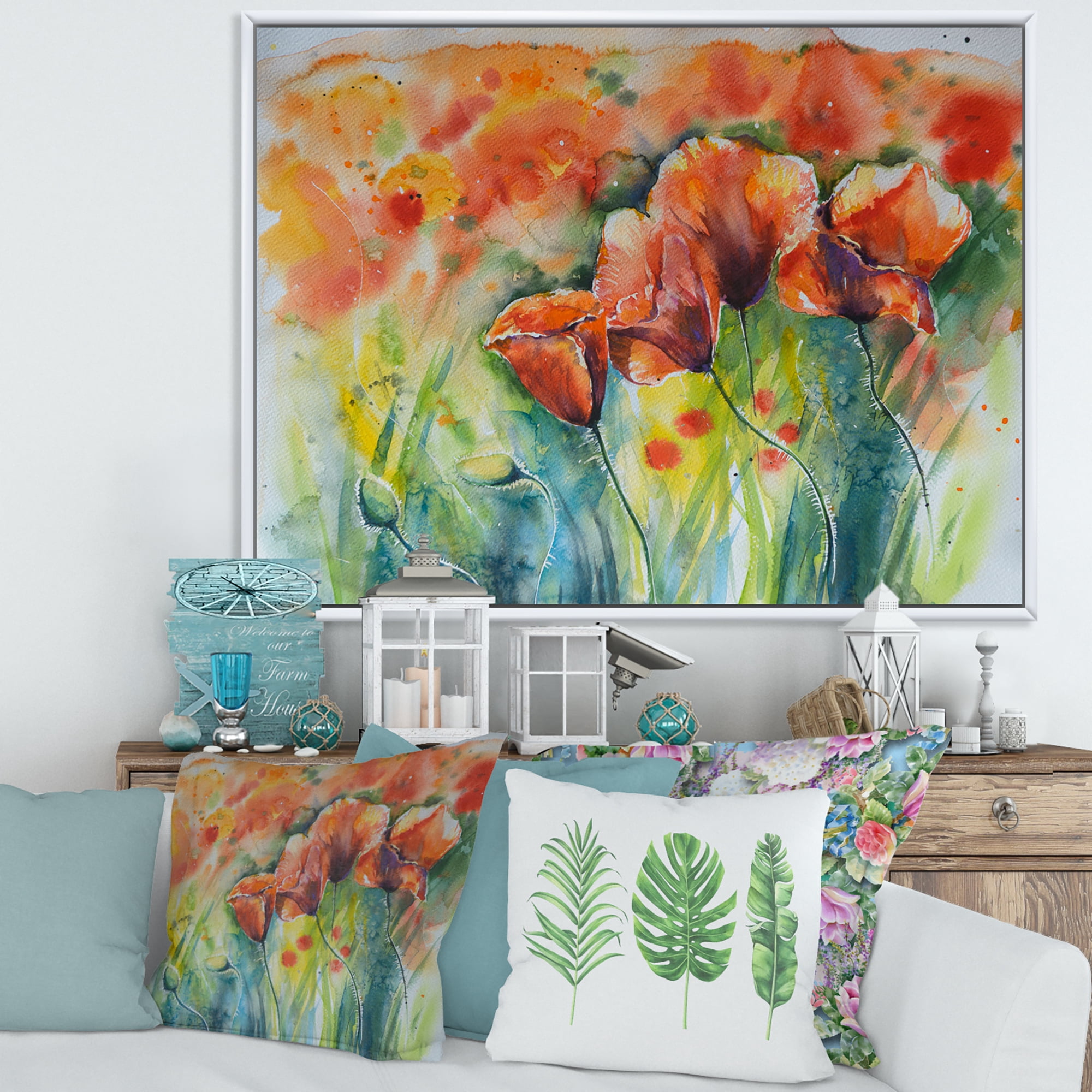Red Blossoming Poppies Over Wild Green IV 20 in x 12 in Framed Painting Canvas Art Print, by Designart