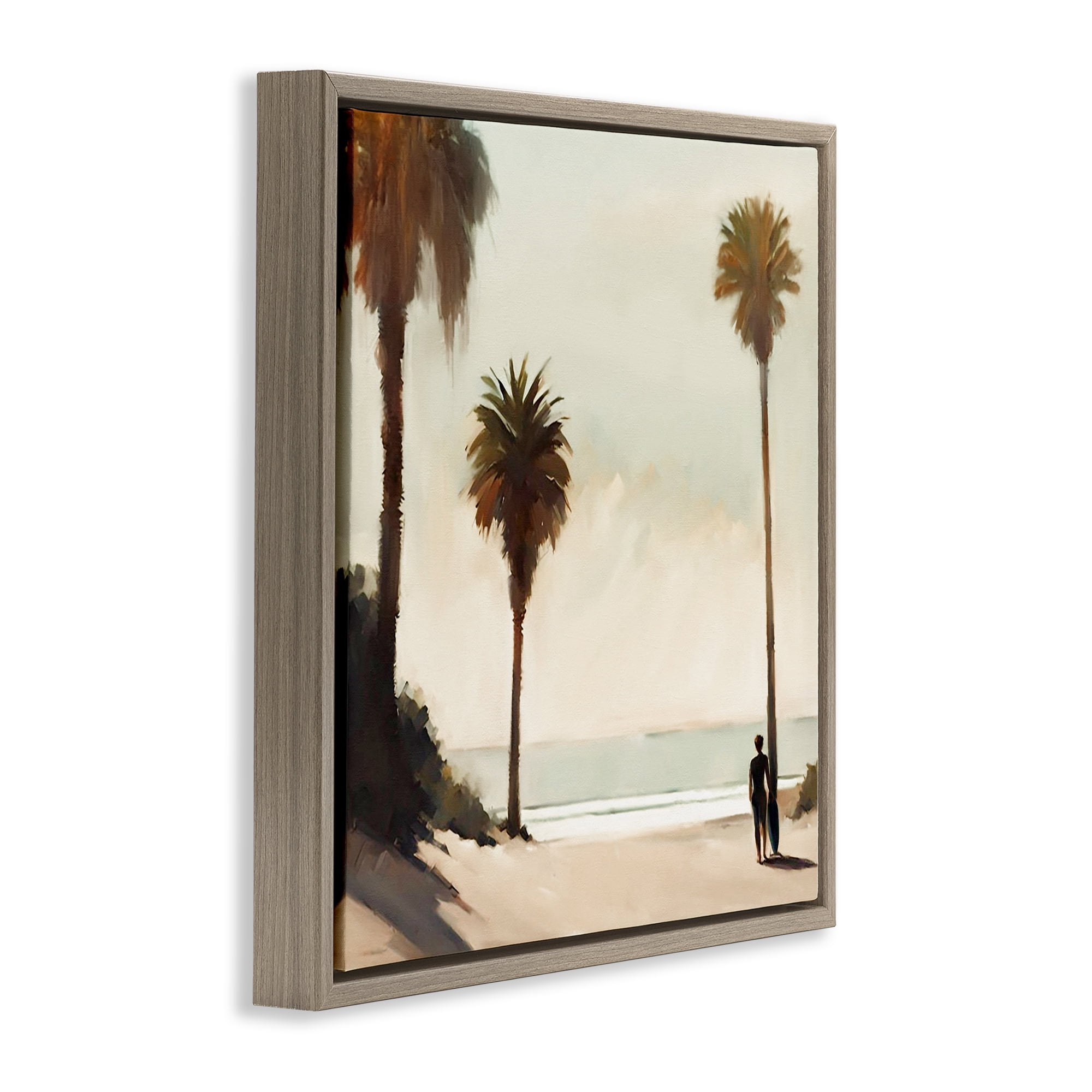Stupell Industries Surfer with Tropical Palms Landscape & Nature Painting Brown Floater Framed Canvas Art Print Wall Art, 25 x 25