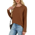 thumbnail image 6 of Fanxing Women Tops Long Sleeve Lightweight Jacquard Sleeve Knit Shirts Soft Crew Neck Underwear Blouse Basic Swaetshirts Coffee M, 6 of 8