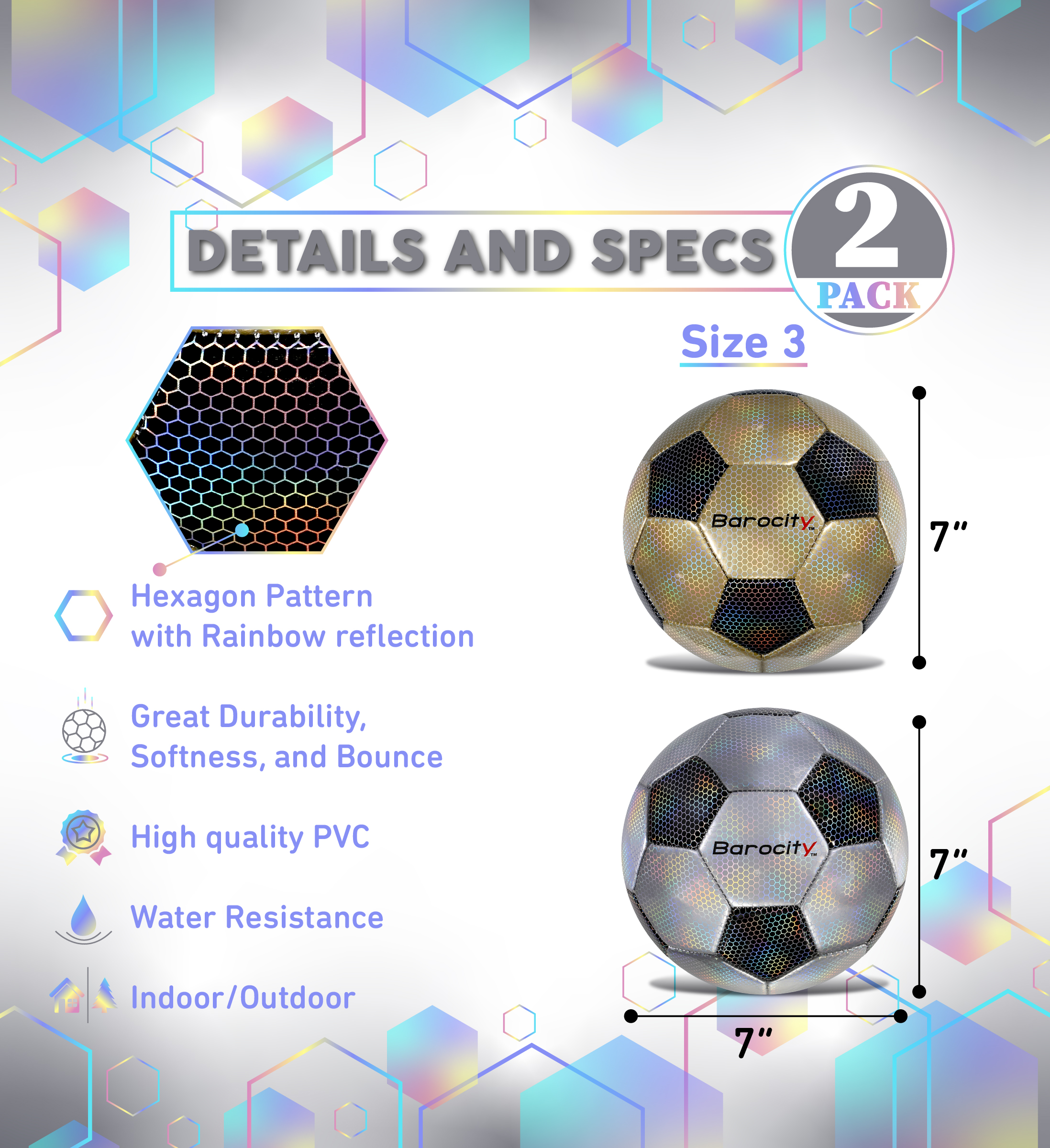 Barocity Classic Modern Pattern Soccer Balls Set of 2 - Black, Gold and Silver Official Match Ball with Reflective Hex Pattern, Sport Soccer Balls for Indoor and Outdoor Training and Practice - Size 3