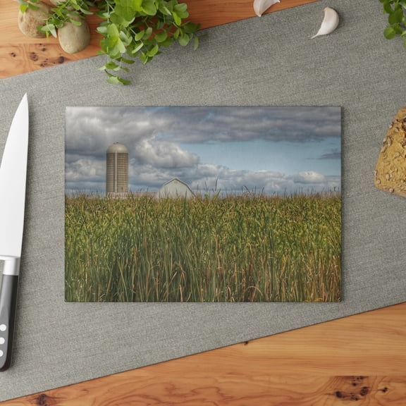 U R There Photography Overlooking a Cornfield Rustic Farmhouse Tempered-Glass Cutting Board 8"x 11"