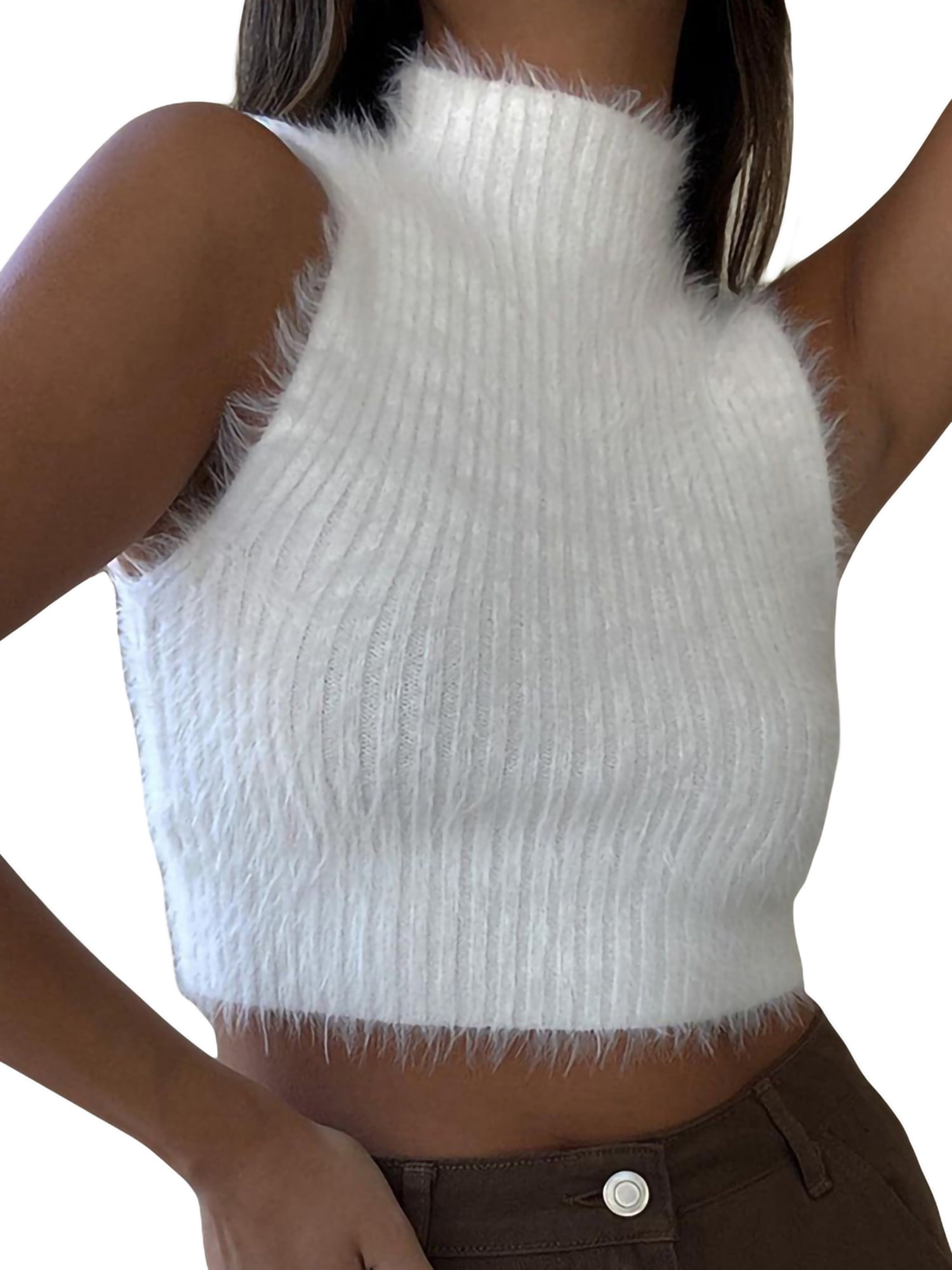 Women Turtleneck Sweater Vest Sleeveless Ribbed Knit Cropped Fuzzy Tank Top  Autumn High Neck Slim Fitted Vest - Walmart.com