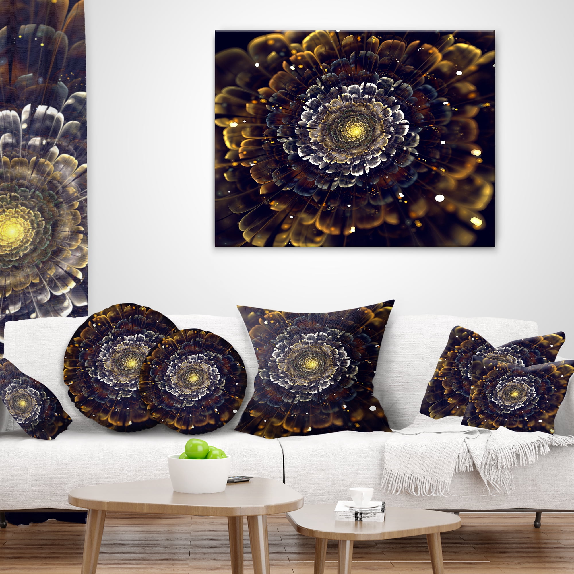 Designart Yellow Fractal Flowers with Violet - Abstract Throw Pillow - 16x16