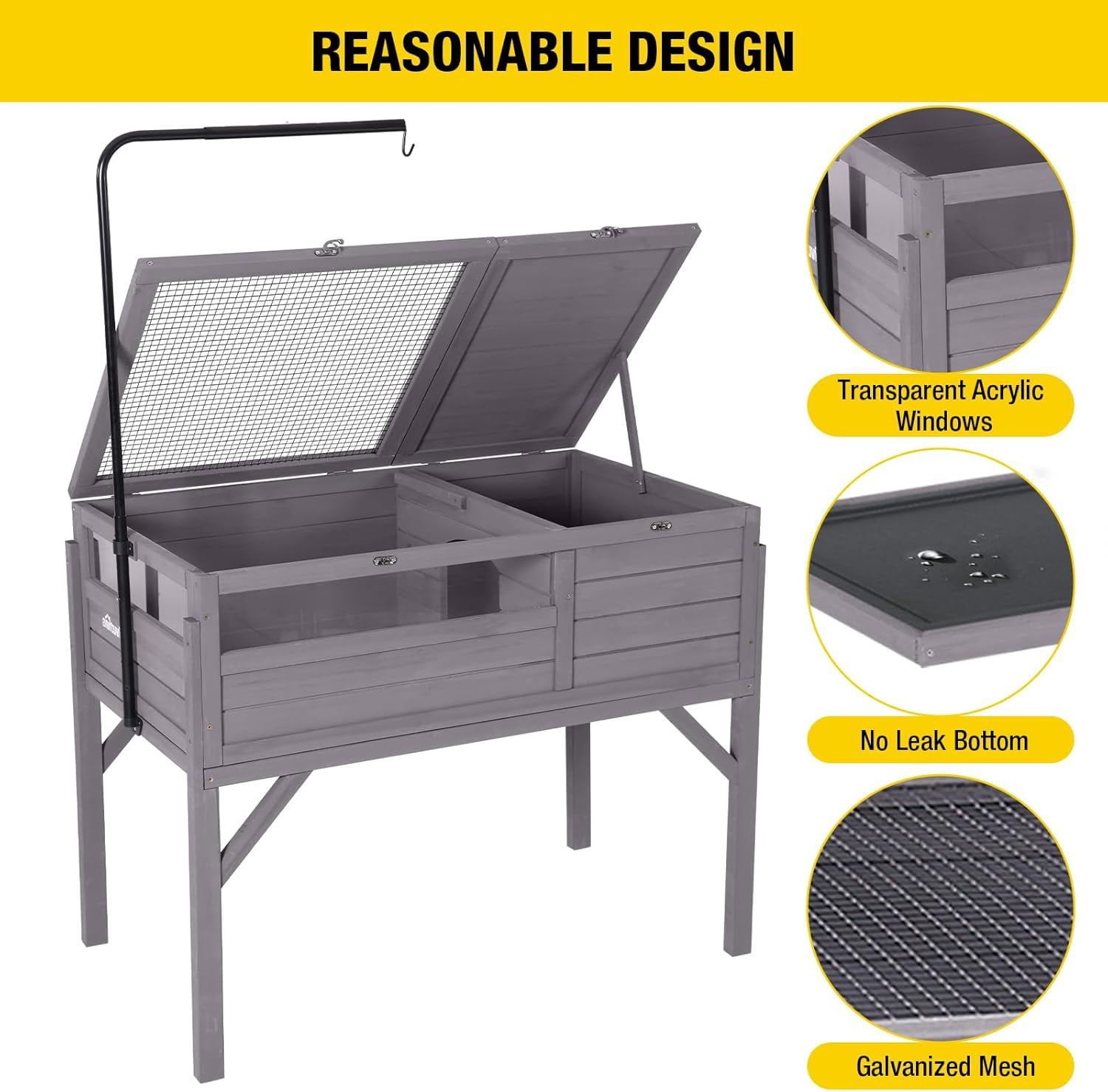 Aivituvin Tortoise Habitat, Wooden Tortoise House with Detachable Legs, Turtle Cage Reptile Terrarium with Lamp Holder