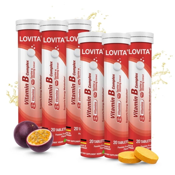 LOVITA Vitamin B Complex Effervescent Tablets 20 Count, Plus Taurine & Ginseng Extract, Supports Energy Metabolism, Passion Fruit Flavor, Vegan, Gluten-Free, Sugar-Free, Caffeine-Free (Pack of 6)