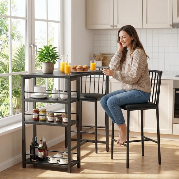 Lofka 3-Piece Small Dining Table Set for 2 with 3 Storage Shelves, Compact Kitchen Table for Small Spaces, Black