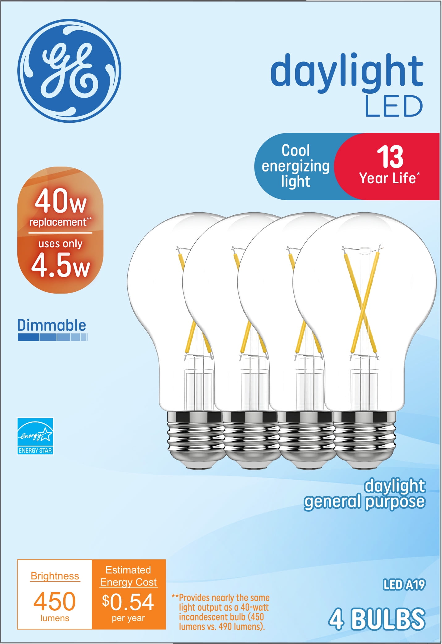 GE Daylight LED Light Bulbs, 40 Watt Eqv, A19 General Purpose, 13yr, 4pk