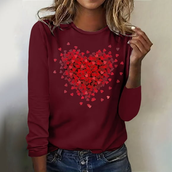 Hot Sale!!Valentine's Day Sweatshirt Women Love Heart Graphic Shirt Casual Heart Long Sleeve Tops Valentine Pullover Women's Valentine T Shirt Fun Love Patterned Long Sleeve Top Wine Xl