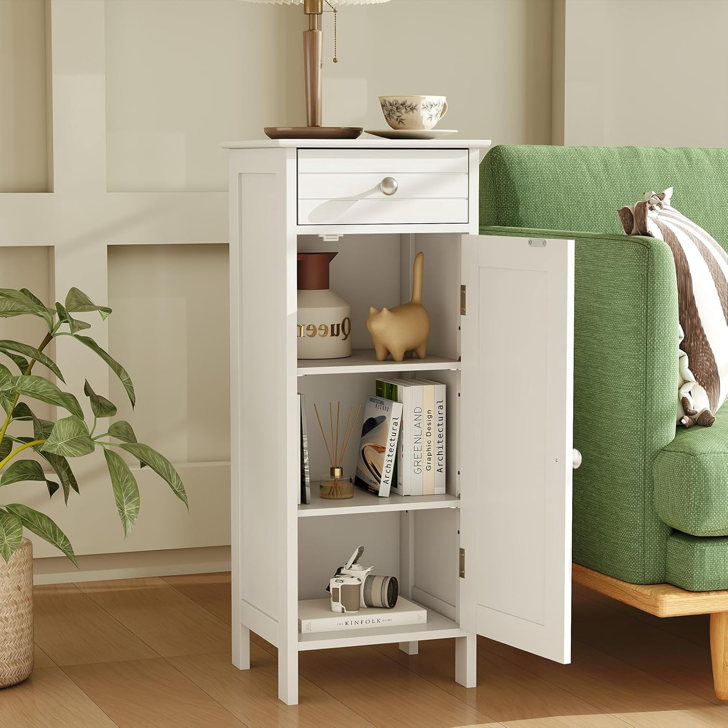 Themis Bathroom Floor Cabinet, Free-Standing Single Door Storage Cabinet with Drawer & 2 Adjustable Shelves, Wooden 14”L Narrow Side Storage Organizer for Small Spaces, Living Room, Kitchen (White)