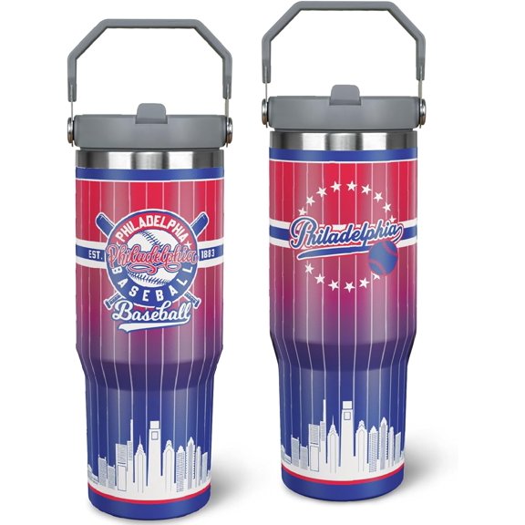 30oz Philadelphia Tumbler with Handle and Straw, Philadelphia Gifts for Men, Stainless Steel Vacuum Insulated Flip Straw Spill Proof Travel Mug Cup
