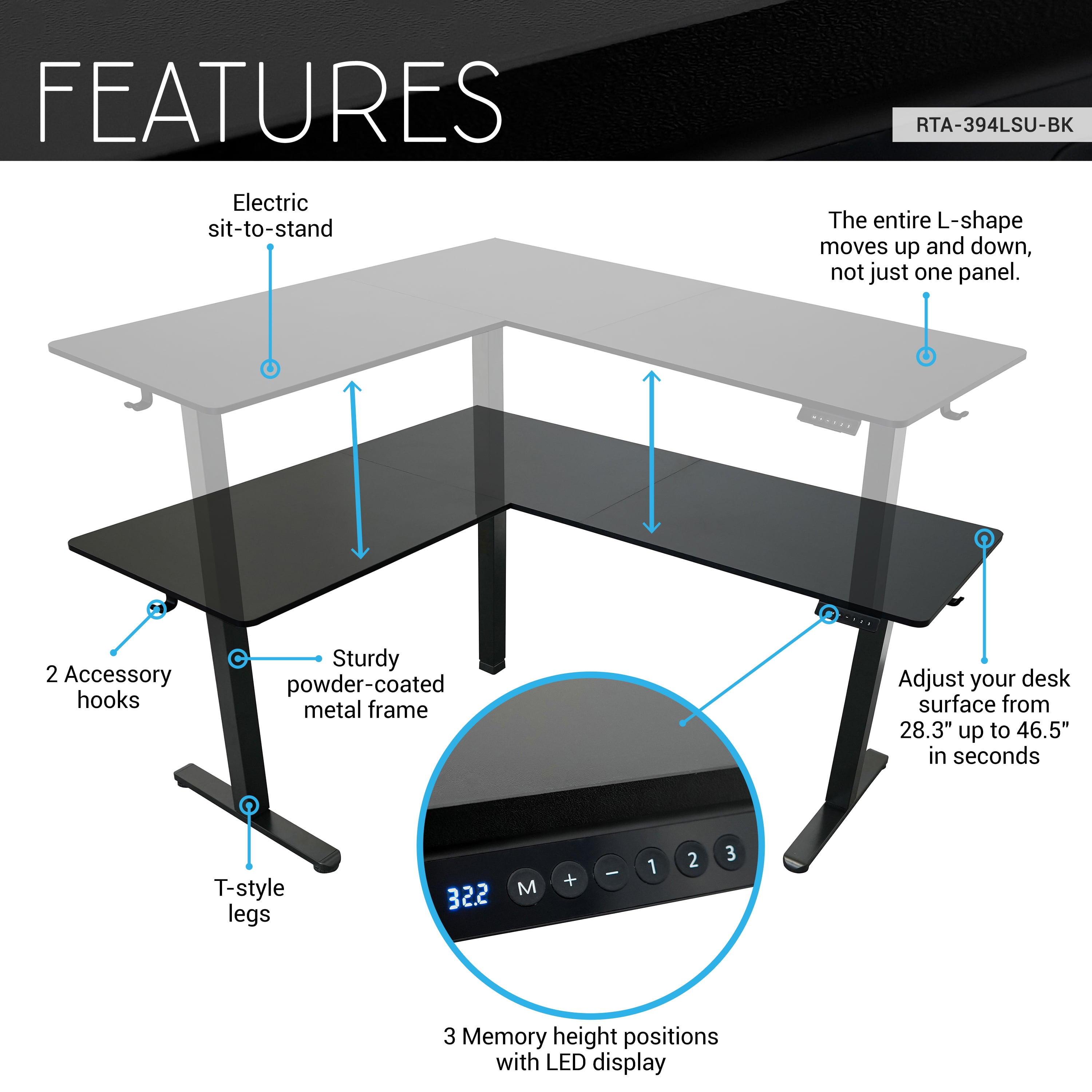 Techni Mobili 63” W L-Shaped Electric Standing Desk with Spacious Desktop, 3 Memory Height Presets and 2 Accessory Hooks, Black
