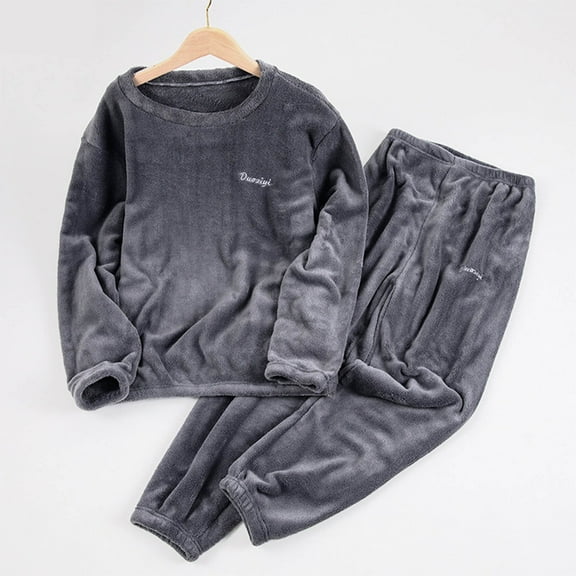 QUNYINEY Pajama Set for Women Soft Gray Long Sleeve 2 Piece Fleece Top and Pants Warm Crew Neck Thickened Loose Womens Loungewear