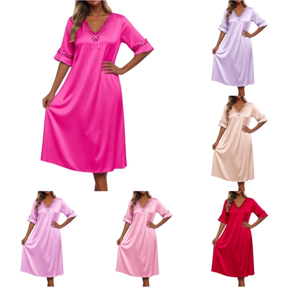 Krdevn Women Solid Ice Silk Nightgown Short Sleeve Lace V Neck Loose Midi Sleep Dress Summer Loungewear,Hot Pink