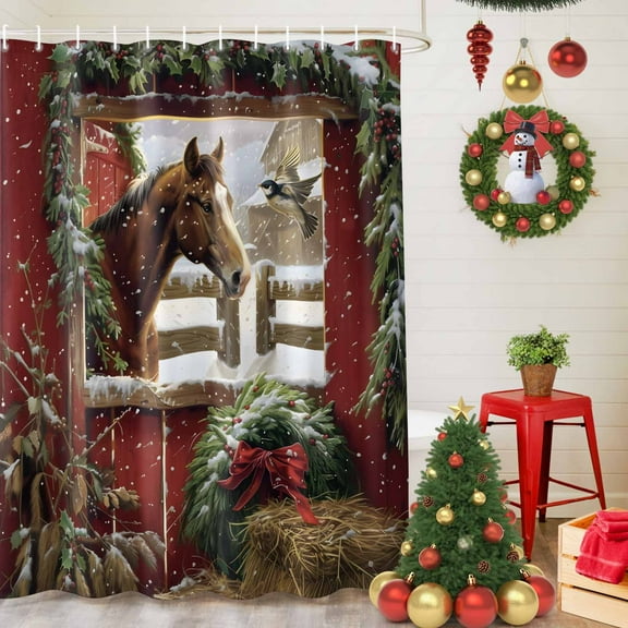 Shower Curtain Bathroom Set Winter Christmas Horse Red Farm Wooden Barn Waterproof Fabric Shower Curtains with Grommets&Hooks Holly Branch Leaves Privacy Bath Curtain for Bathtub 36x72in