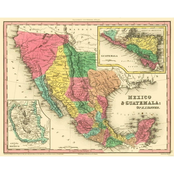Historic State Map - Texas Guatemala Mexico - Tanner 1836 - Vintage Wall Art