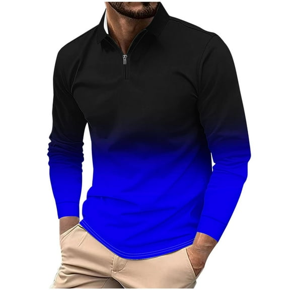 ZCFZJW Men's Ombre Polo Shirts Zip Slim Fit Polo T Shirt for Men Tie Dye Gradient Print Long Sleeve Casual Lapel Collar V Neck Golf Shirt Blue XXXXL