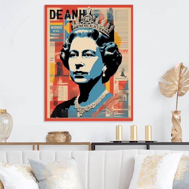 Designart "Pop Art Remix of Queen Elizabeth's Reign I" Magazines Metal Wall Art, Red Metal Wall Decor, Space Metal Art Decor For Living Room - 30x40 Inch