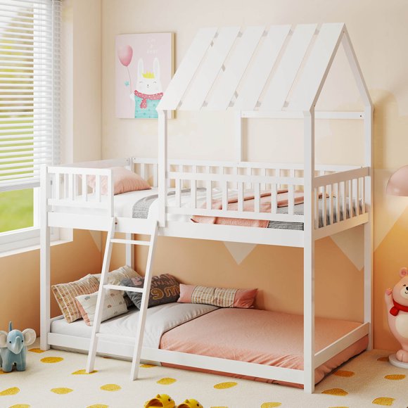 Costway Twin Over Twin House Bunk Bed with Roof, Ladder & Full-length Guardrails for Kids White