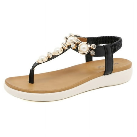 Women s Flat Sandals Dressy Summer Beach Shoes Casual Comfortable Boho Rhinestone Thong Flip-Flop Elastic Strappy