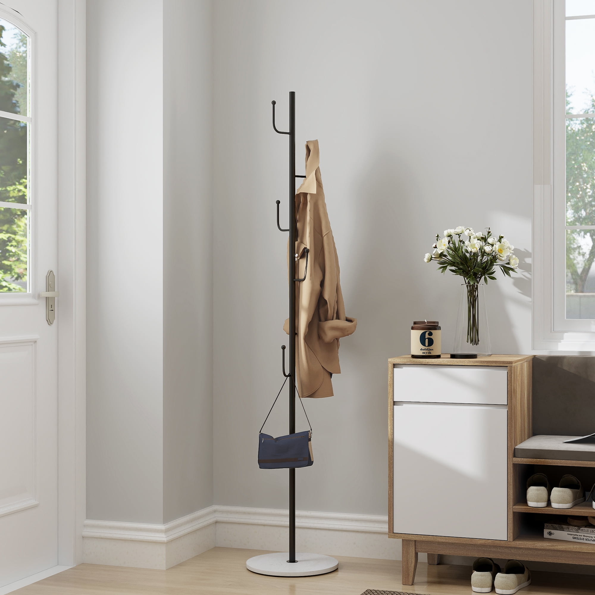 Abble Coat Rack 6 Hooks 64.5 in Freestanding Metal Coat Rack Coat and Hat Hanger Organizer Rack Garment Stand with White Stone Base for Home, Office, Entryway, Hallway, Black