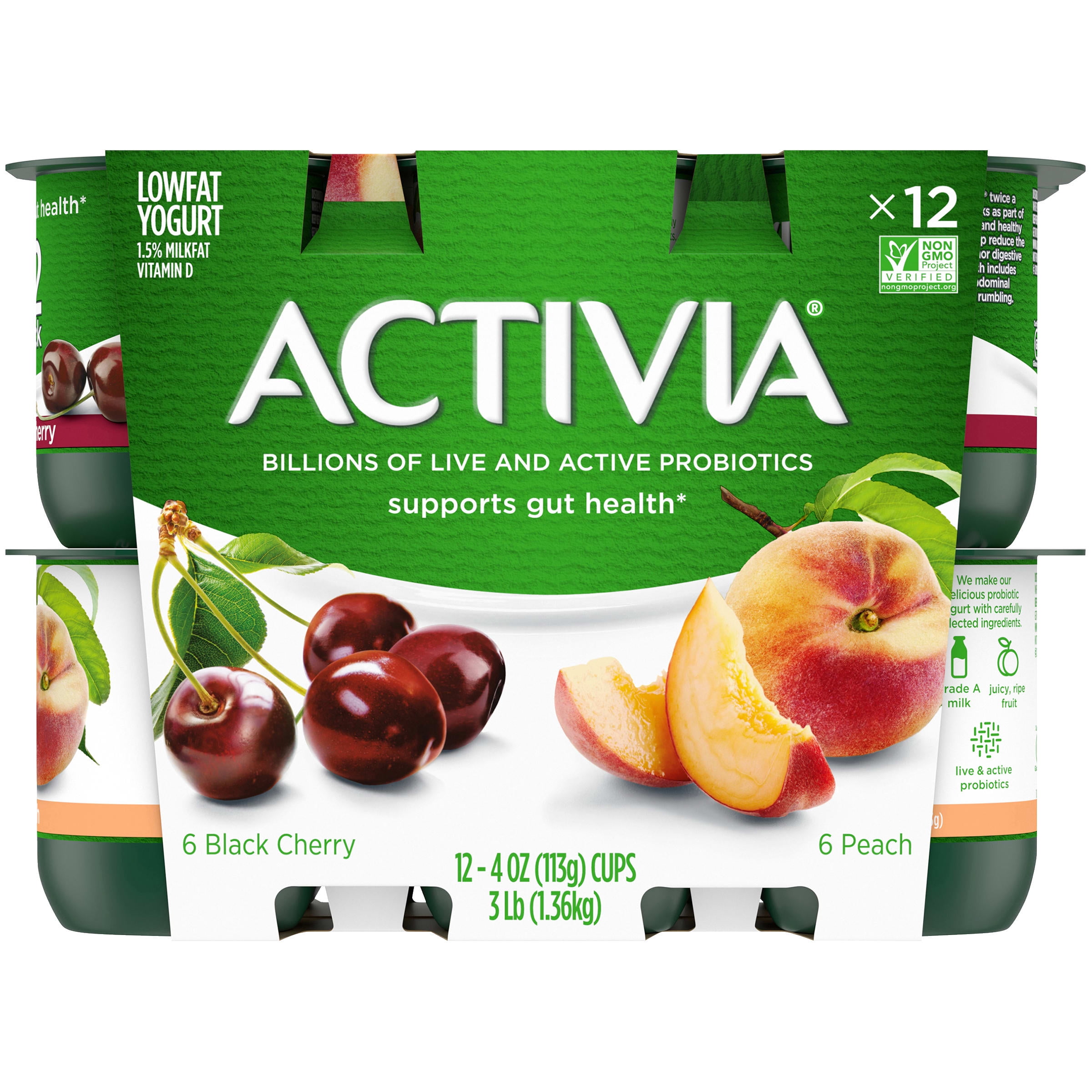 Activia Probiotic Peach & Black Cherry Variety Pack Yogurt, 4 Oz. Cups, 12 Count