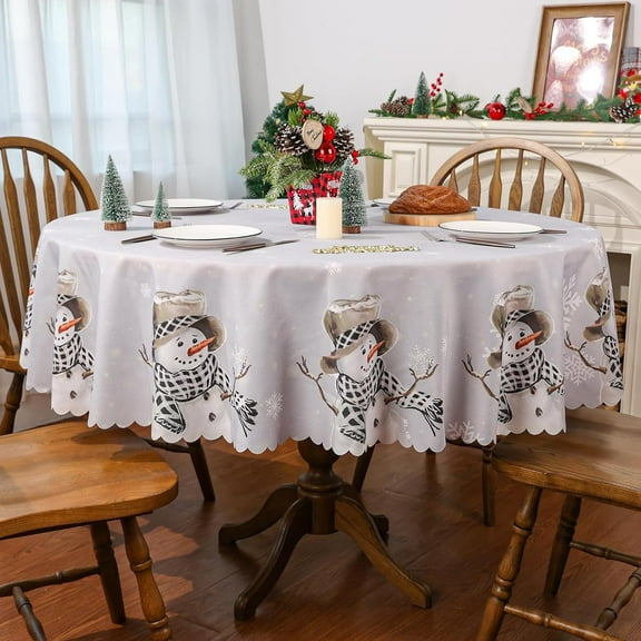 Christmas Tablecloth, Christmas Snowman Decor Table Cover Xmas Decorations for Home Winter Holiday Grey Scallop Edge Party Table Decorations 60 Inch Diameter, Round