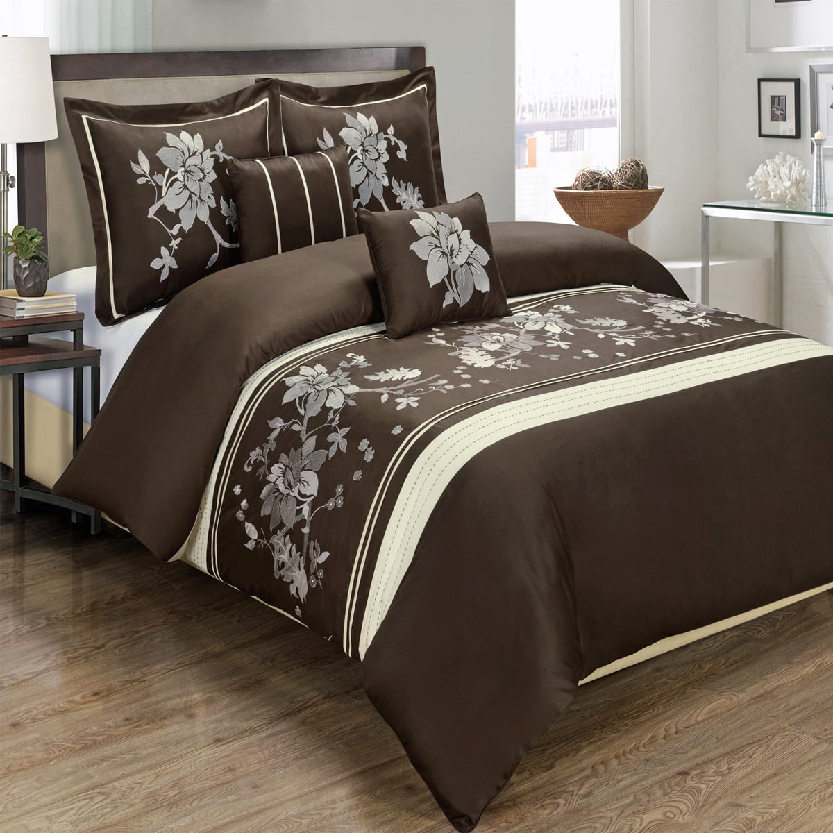 image: Luxury Myra 100% Cotton 6-Piece Duvet Cover, 2 Shams, 2 Decorative Pillows And One White Down Alternative Comforter Set