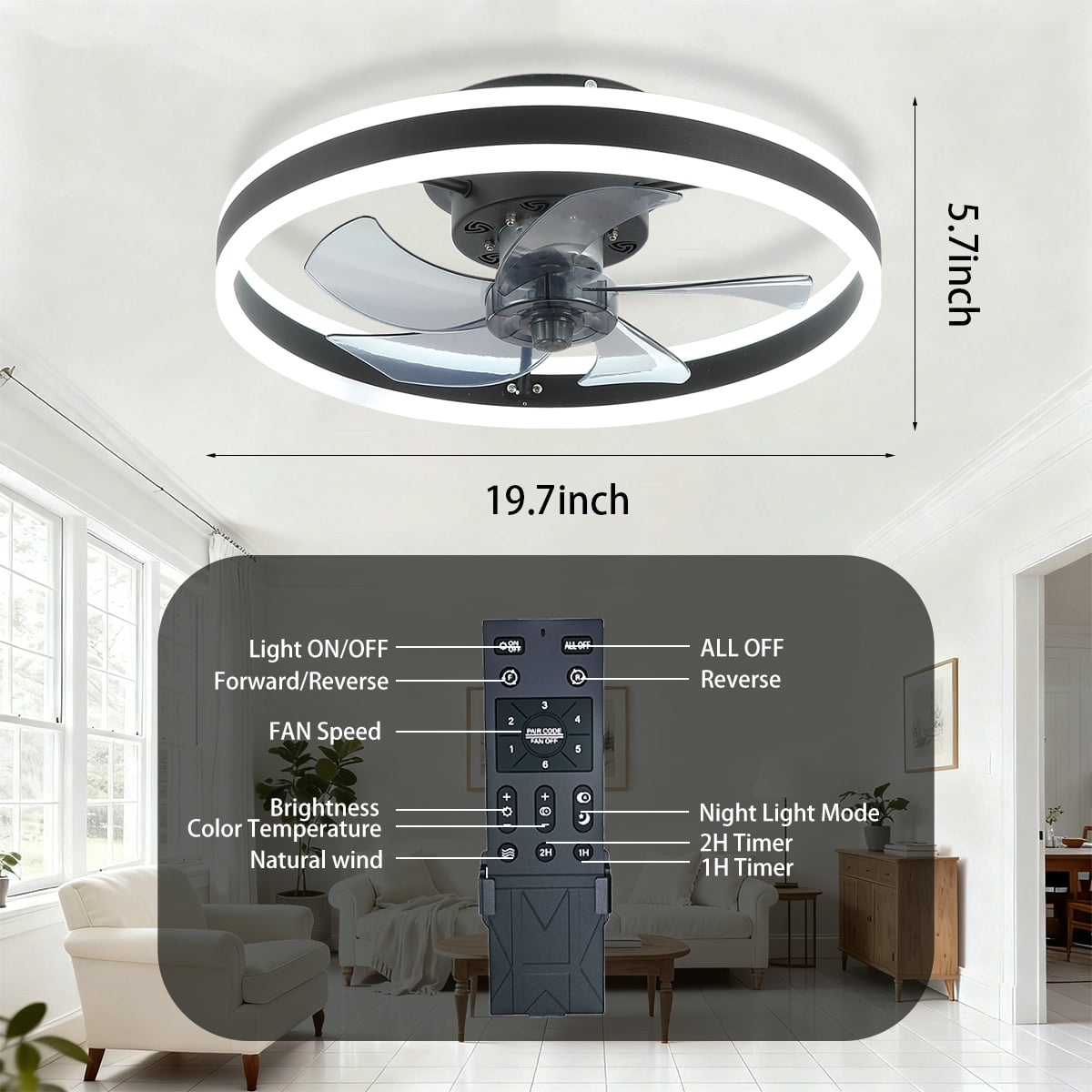 Low Profile Ceiling Fans with Lights and Remote, 20 in Flush Mount Ceiling Fans with Light, 3000K-6000K Dimmable Fandelier LED Fan Light and Reversible Moter, for Bedroom Living Room, Black