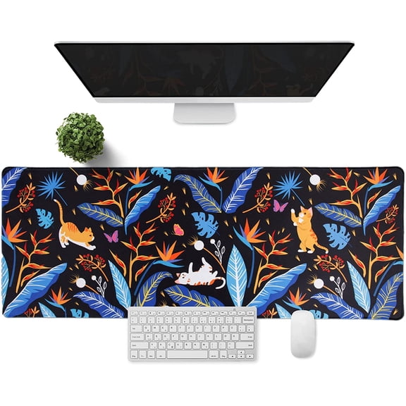 Large Gaming Mouse Pad,Long Desk Mat, ,XL Keyboard Pad, Desktop Accessories Home School Edges Mousepad Big Computer Office Essentials XXL Orange Blue Cute Cat 31.5 X 11.8 Inch