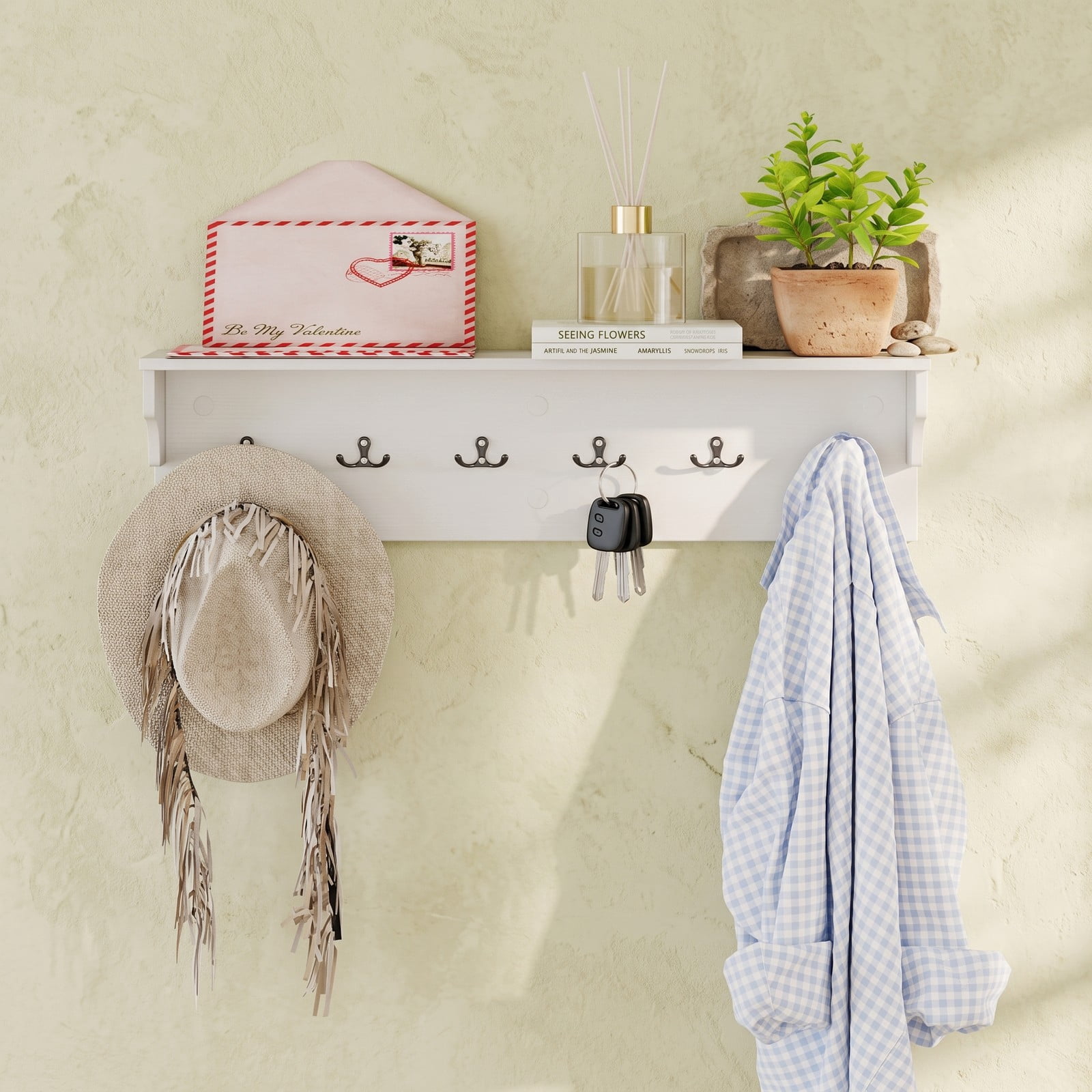 Furnibear Wall Mounted 31.5 inch Wooden Coat and Hat Rack with Top Shelf and 6 Hooks for Hats Towels Purses and Robes, White