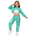 thumbnail image 2 of Hansber Kids Girls Modern Street Hip Hop Jazz Dance Outfits Long Sleeve Metallic Hoodie Crop Top and Pants Set Light Green 8, 2 of 7