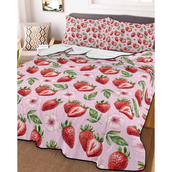 Red Strawberry Queen Size Down Alternative Comforter, Lightweight Comforter Quilt Bedding Set with Pillow Shams Summer Fruit Green Leaf Pink Watercolor All Seasons Bed Comforter Duvet Insert 90"x96"