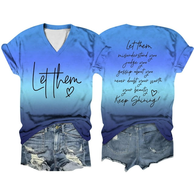 WEIYLL Womens T-Shirts Double Letter Gradient Printed Short Sleeved V Neck Blue Tees Sizes XXL