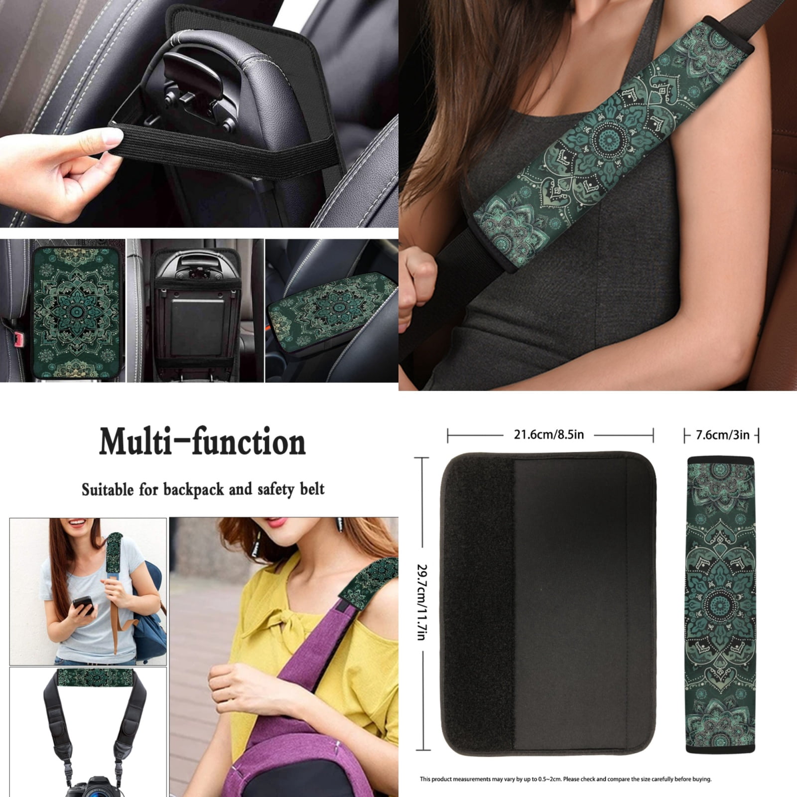 Yuyamidu 13 Pcs Car Seat Covers Set with Green Boho Mandala Flower Steering Wheel Cover Safe Belt Pads Car Center Console Cover Lip Balm Sleeve Keychain Coasters Auto Accessories
