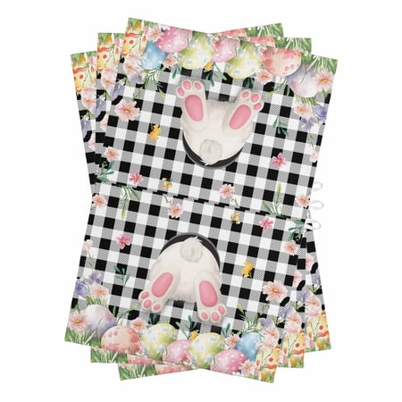 Easter Kitchen Towels Set of 3 Water Absorbent Dish Towel Spring Bunny Feet Flowers Eggs Black Buffalo Plaid Decorative Hand Towels - Quick Drying Cloth for Cooking Baking 18x28 Inch