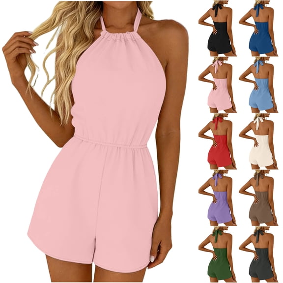 Bloomae Rompers for Women Casual Adjustable Tie Knot Halter Neck Backless Summer Trendy Solid Color Beach Dressy Short Romper Dresses with Pockets Red S