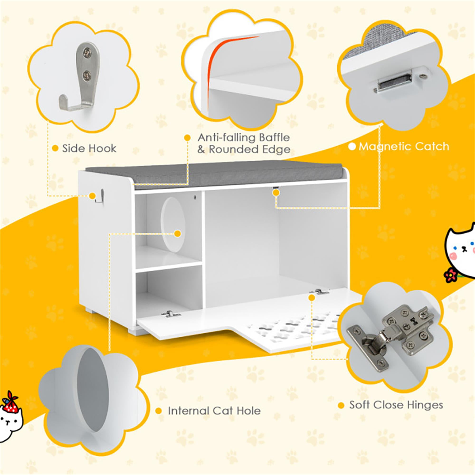 Kadyn 35" Cat Litter Box Enclosure Hidden, Wooden Cat Furniture Storage Bench Kitty Cat Washroom, Indoor Cat Box Cabinet Fit Most of Litter Box, White