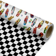 ZINTBIAL Race Car PresNok Reversible Wrapping Paper Roll - Gift Black & White Checkered Flag on Reverse- Perfect for Holidays, Birthdays, Babay Shower and Christmas - 17.5 in x 33 ft (48 sq. ft)