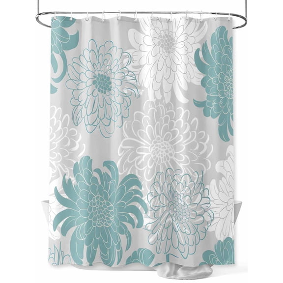 Fsddascl Turquoise White Floral Shower Curtain Set - 48" x 72" Washable Bathtub Curtain with 12 Hooks, Elegant Chrysanthemum Farmhouse Waterproof Fabric Stall Shower Curtains for Bathroom/Bathtub