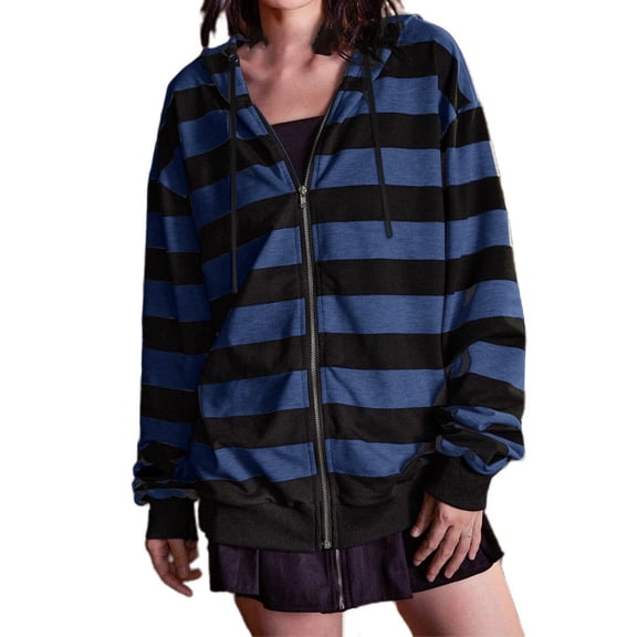 Kaondbfi Women's Autumn and Winter Loose Striped Sweat Shirts Casual Zip Up Drawstring Jacket Womens Hooded Tops Fall Essentials Clothes