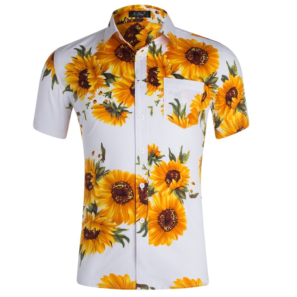 Men Classic Printed Shirts, Lapel Short Sleeve Buttons Sunflower Summer ...