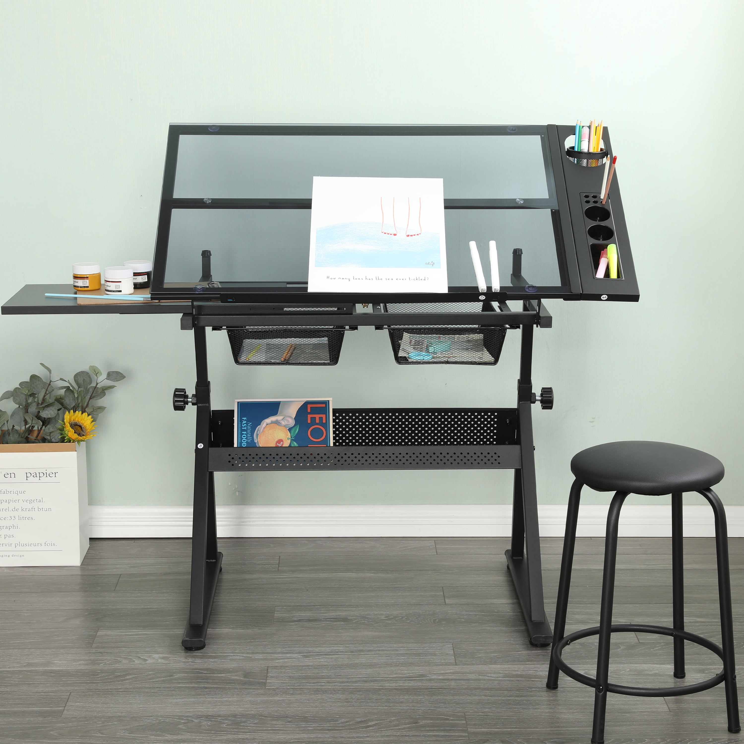 Adjustable Tempered Glass Drafting Printing Table With Chair
