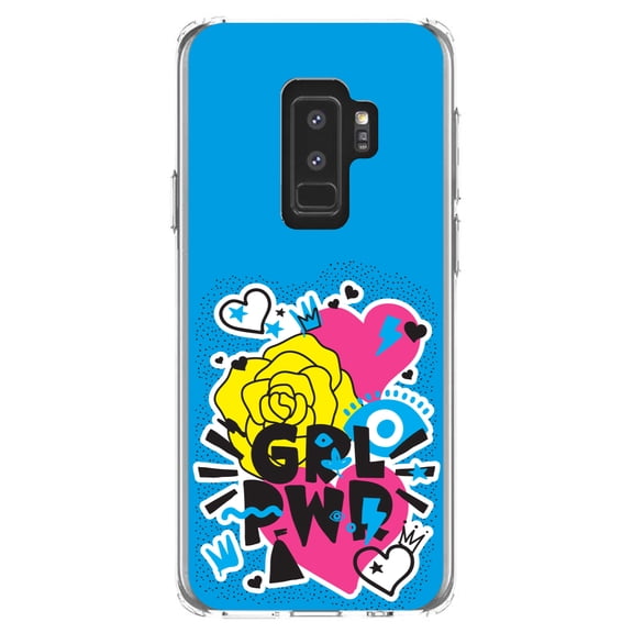 DistinctInk Clear Shockproof Hybrid Case for Samsung Galaxy S9  PLUS (6.2" Screen) - TPU Bumper, Acrylic Back, Tempered Glass Screen Protector - Girl Power - GRL PWR - Blue, Pink, Yellow