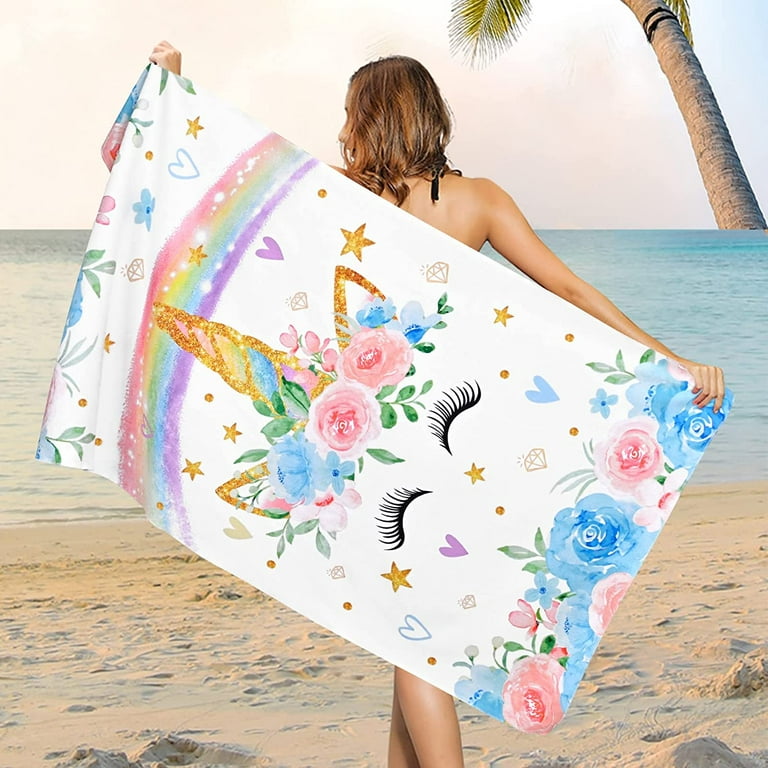 Cute Unicorn Beach Towel Sand Free White Floral Beach Towels