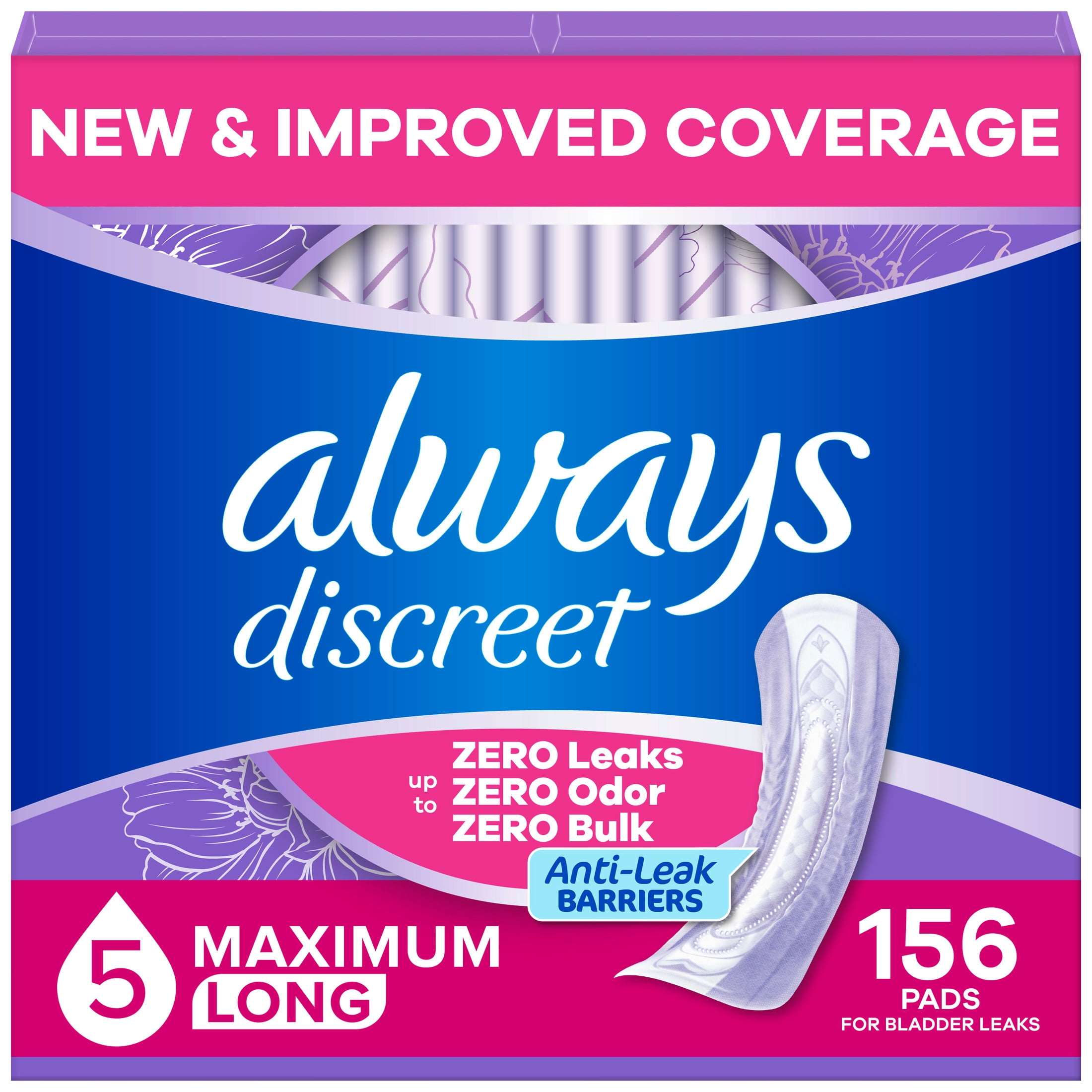 Always Discreet Pads, Maximum Absorbency, Long156 Count