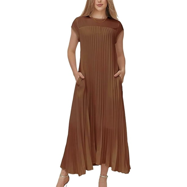 Vestido largo sin mangas plisado de poliéster para mujer - Cuello redondo, informal - Verano - Tallas S-XXXL