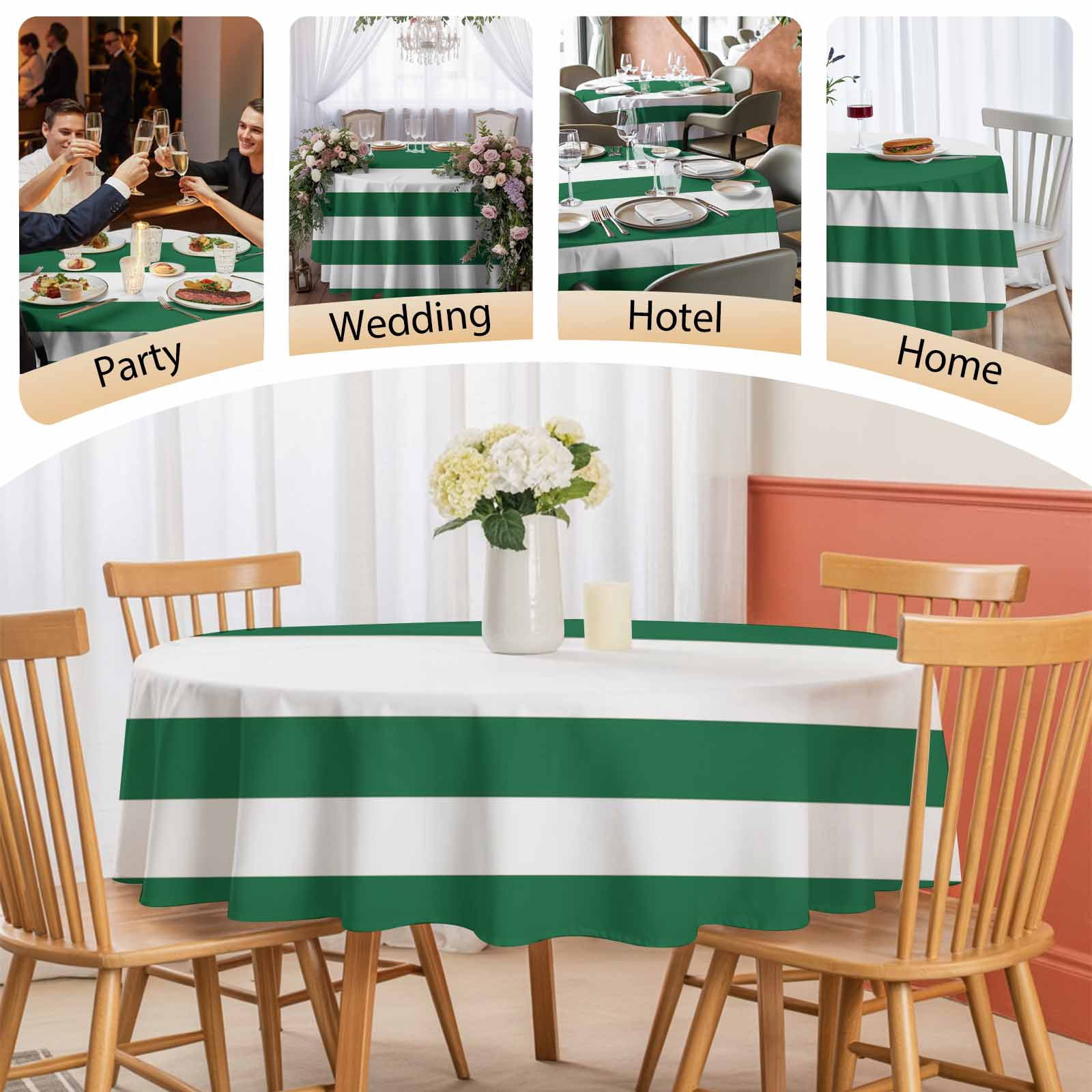 Round Tablecloth Green White Striped Waterproof Oil Proof Polyester Table Cloth Cover Decor for Home Dining Outdoor,Patio,Parties, 54" Dia. Minimalist Christmas